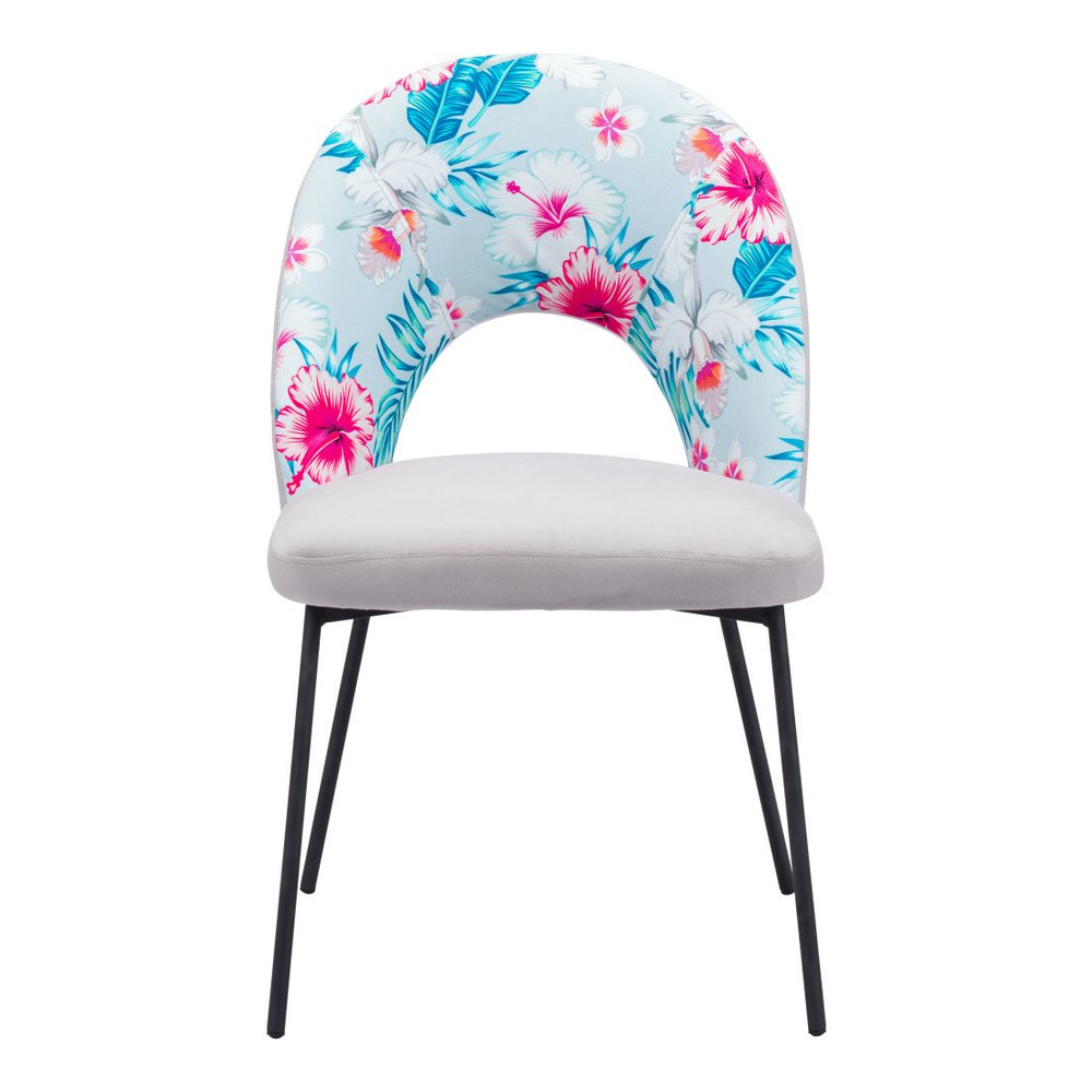 Set of Two Gray and Black Velvet And Steel Velvet And Steel Tropical Floral Dining Side Chairs