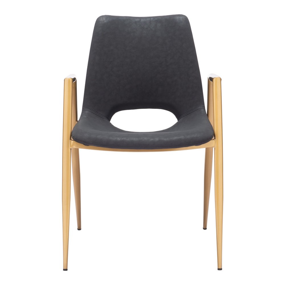 Set of Two Black and Gold Faux Leather Open Back Dining Arm Chairs