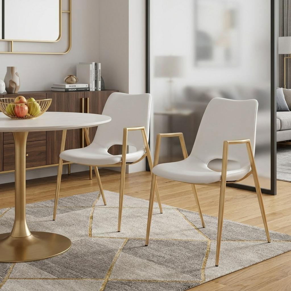 Set of Two Gold And White Faux Leather And Steel Dining Arm Chairs