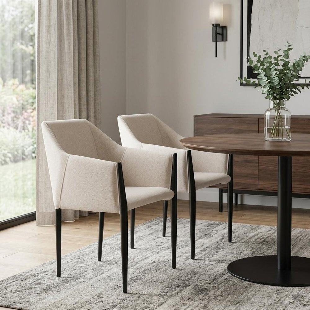 Set of Two Beige and Black Upholstery Dining Arm Chairs