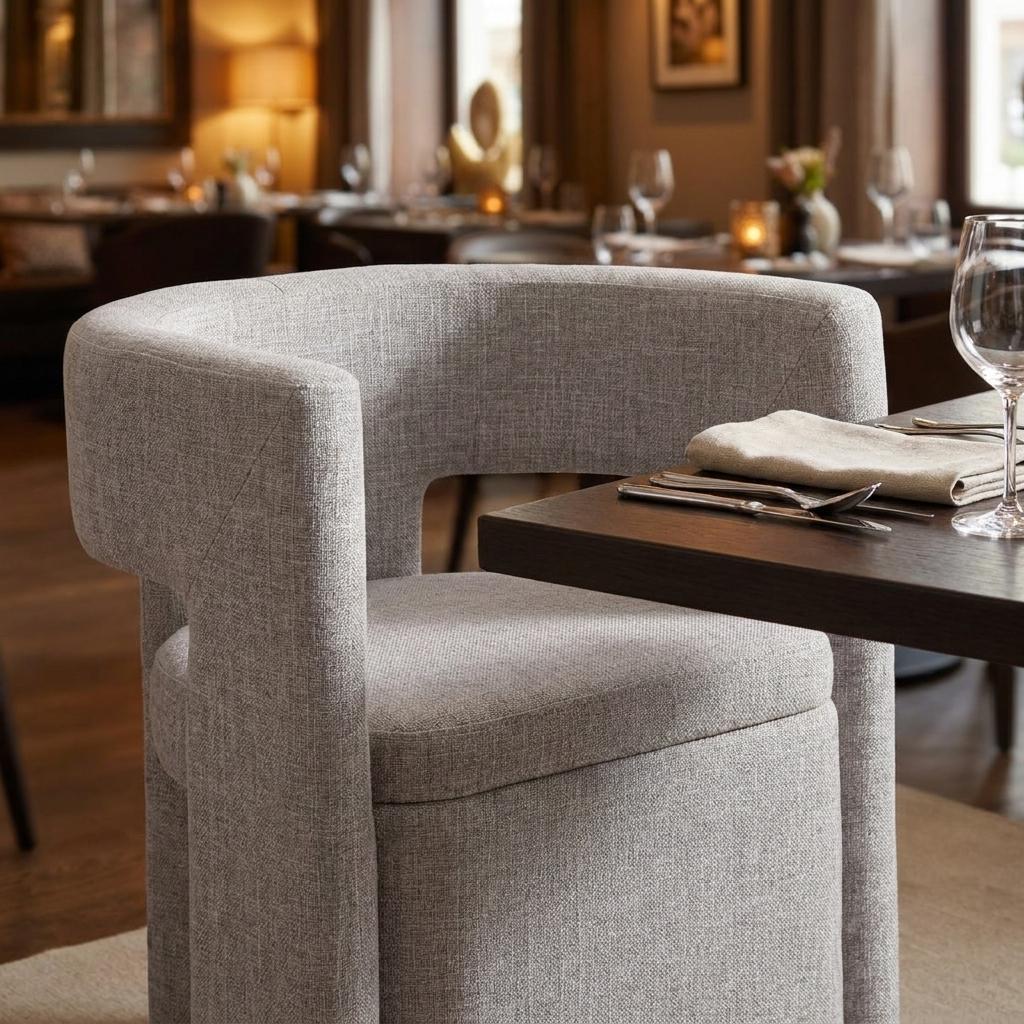 Gray Upholstery And Wood Open Back Dining Arm Chair
