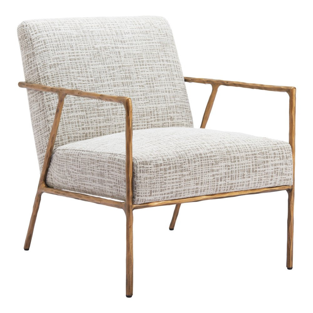 25" Beige And Gold Upholstered Arm Chair