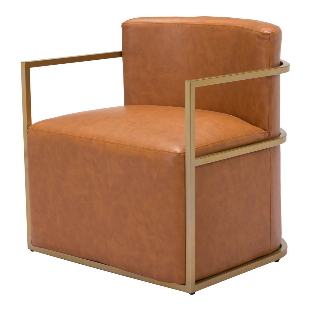 27" Brown And Gold Faux Leather And Faux Leather Arm Chair