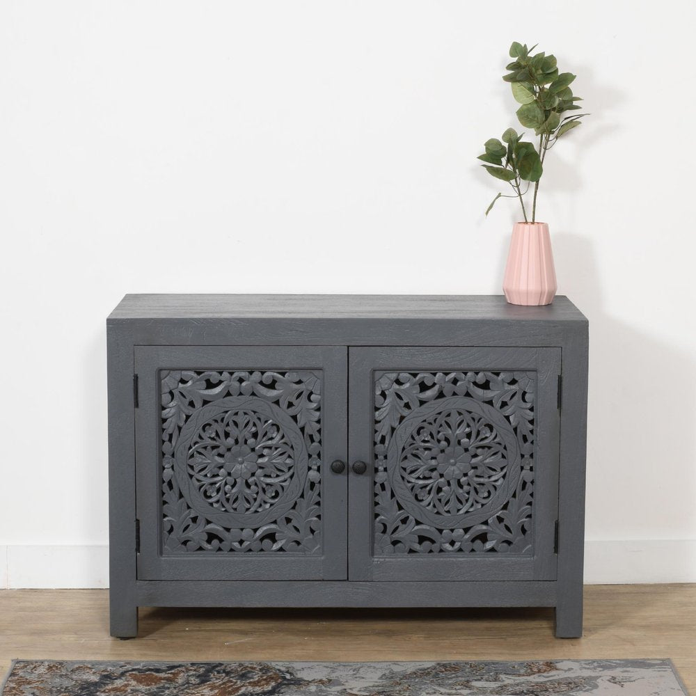 30" Gray Distressed Solid Wood Textured Door Accent Cabinet With Two Doors