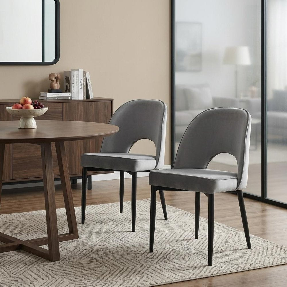Set of Two Gray Slipcovered Velvet Dining Side Chairs