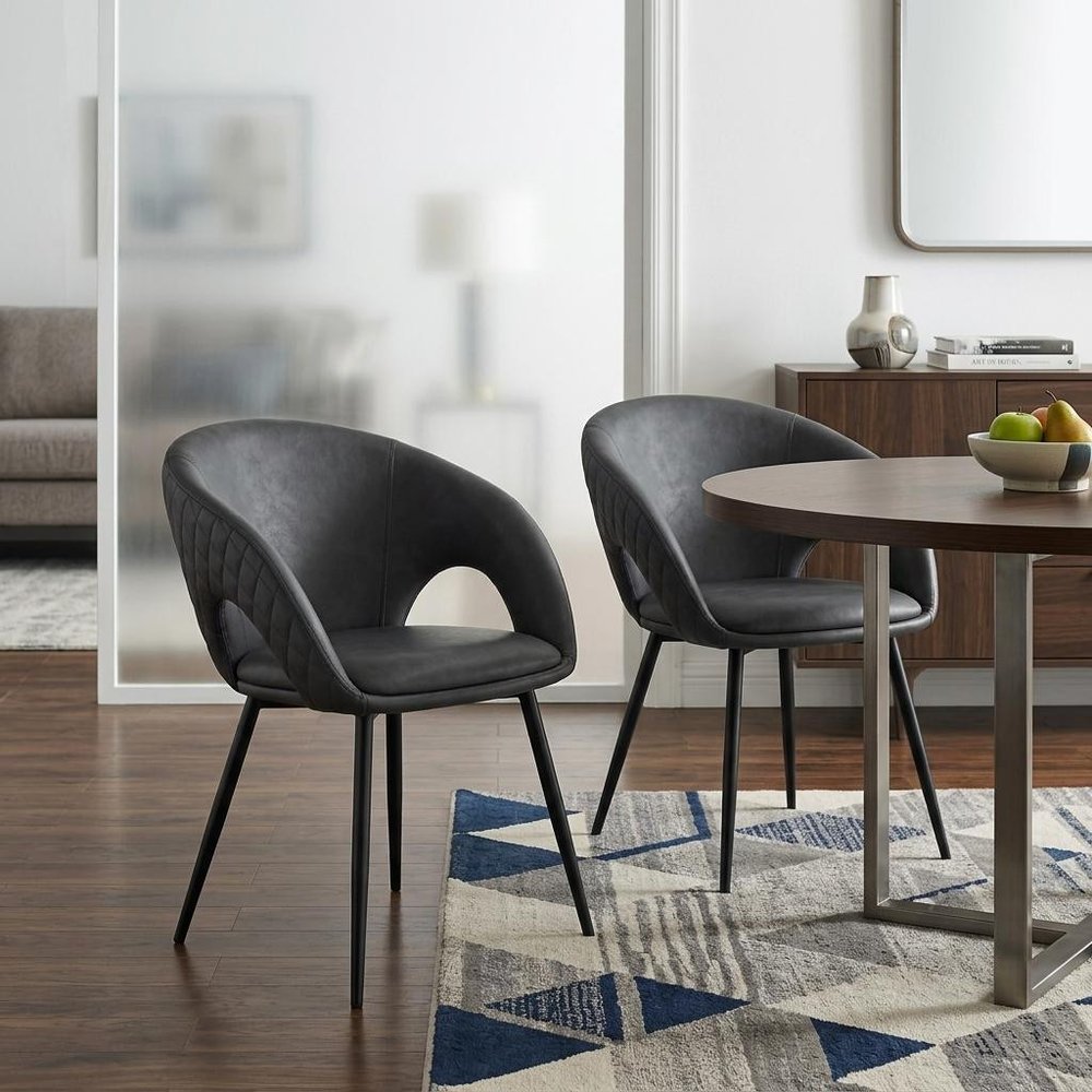 Set of Two Dark Gray Faux Leather Dining Arm Chairs