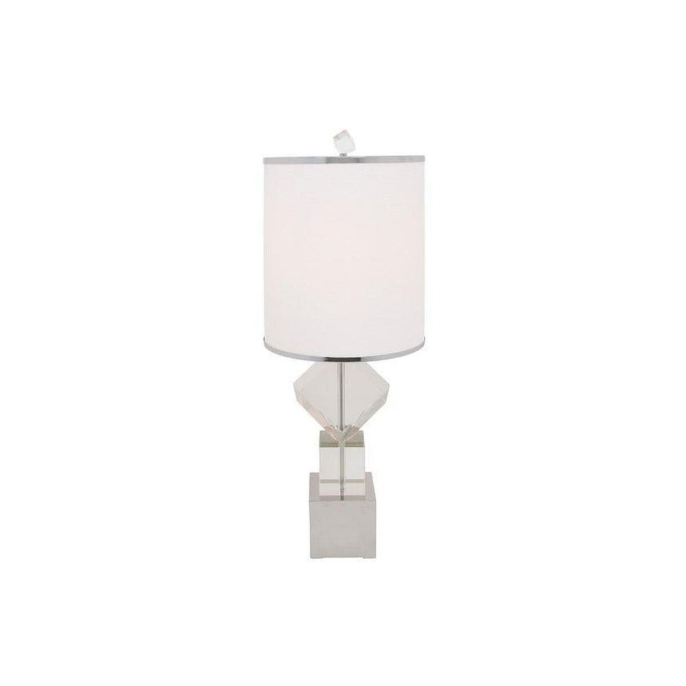 31" Clear And Silver Faux Crystal Geometric Table Lamp LED With White Drum Shade