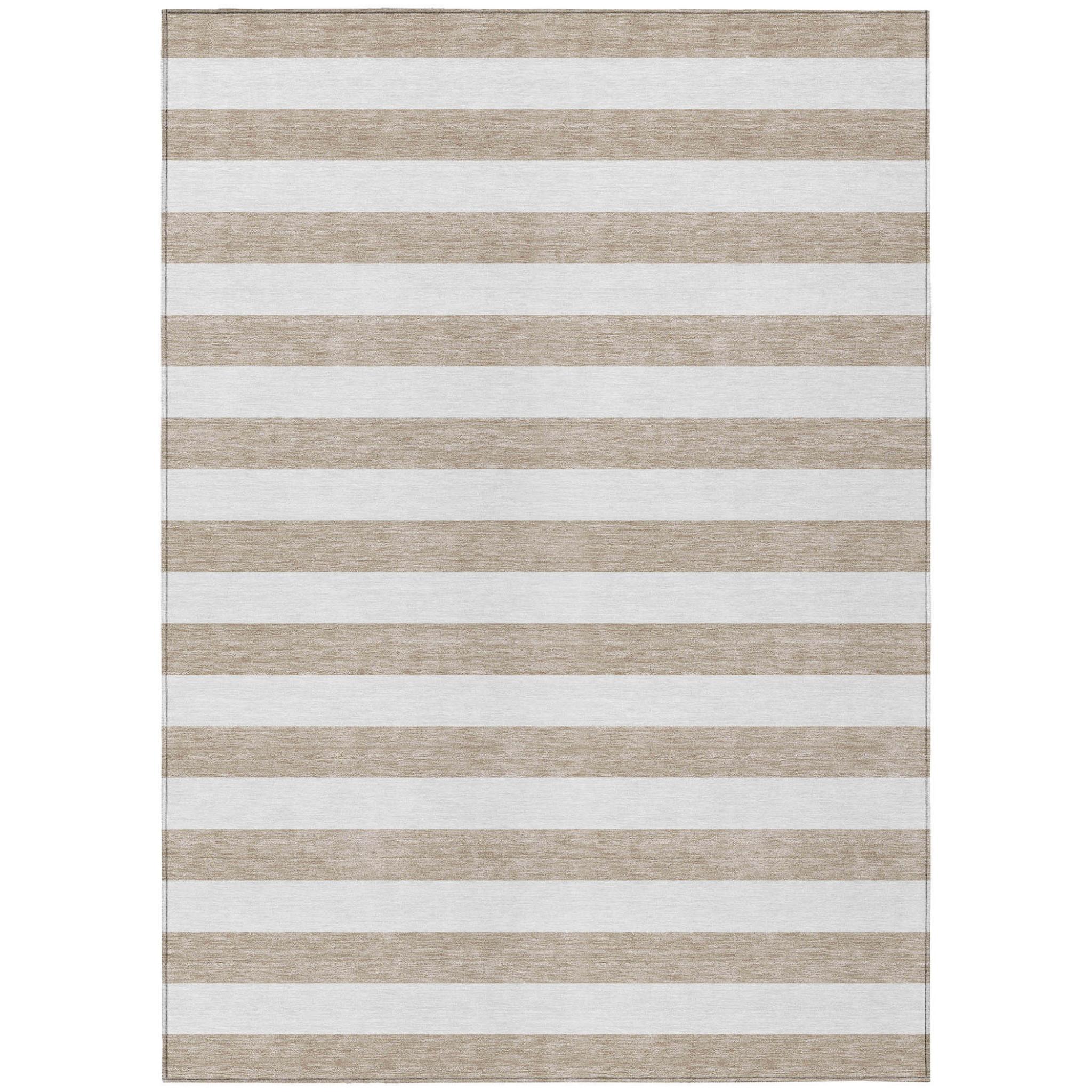 3' X 5' Taupe and White Striped Washable Indoor Outdoor Area Rug