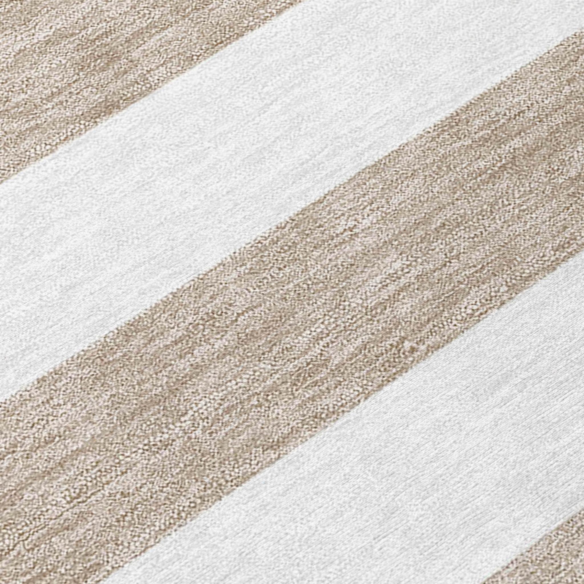 3' X 5' Taupe and White Striped Washable Indoor Outdoor Area Rug