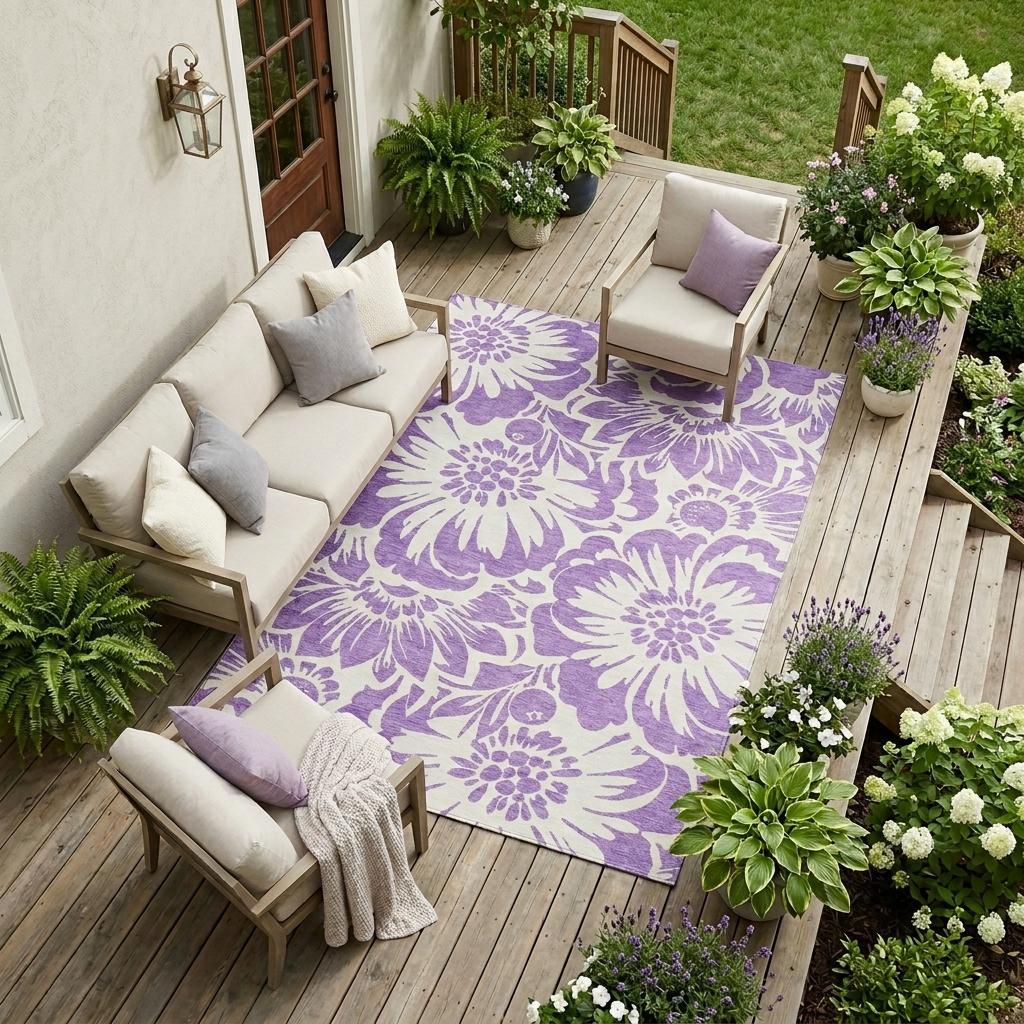 8' X 10' Purple and Ivory Floral Washable Non Skid Indoor Outdoor Area Rug