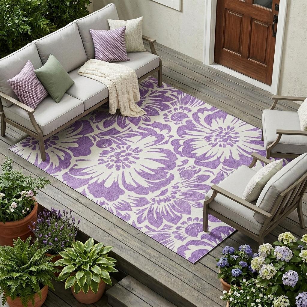 9' X 12' Purple and Ivory Floral Washable Non Skid Indoor Outdoor Area Rug