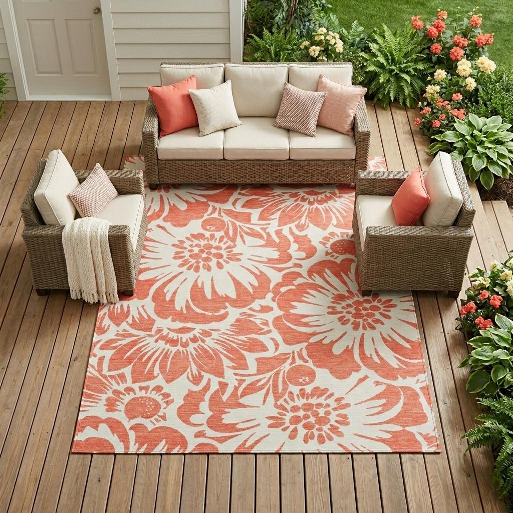 9' X 12' Salmon and Ivory Floral Washable Non Skid Indoor Outdoor Area Rug