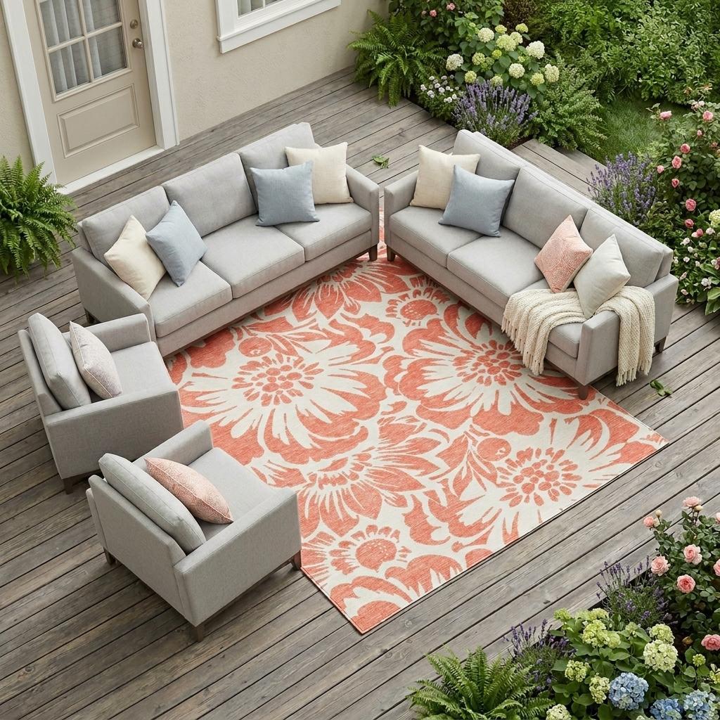 10' X 14' Salmon and Ivory Floral Washable Non Skid Indoor Outdoor Area Rug