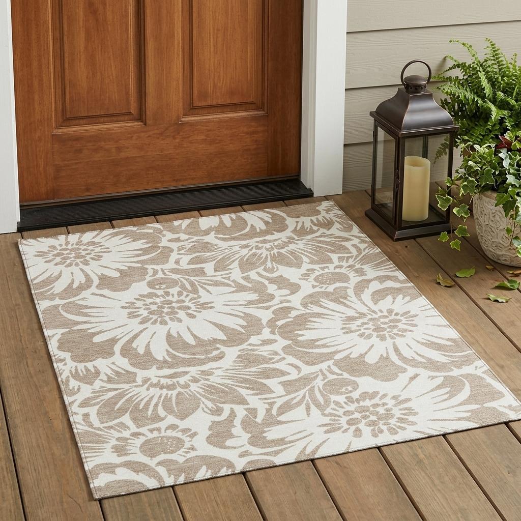 3' X 5' Taupe and Ivory Floral Washable Non Skid Indoor Outdoor Area Rug