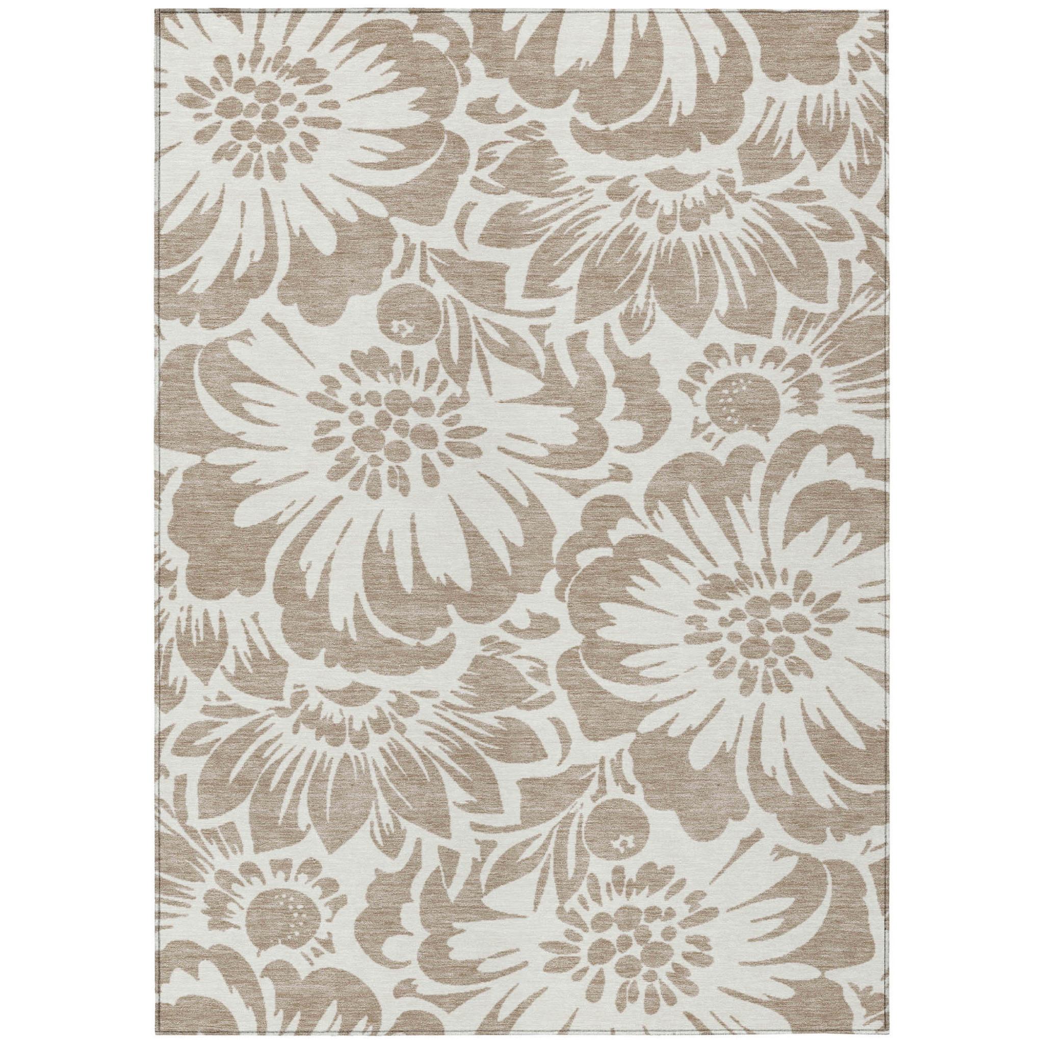 3' X 5' Taupe and Ivory Floral Washable Non Skid Indoor Outdoor Area Rug