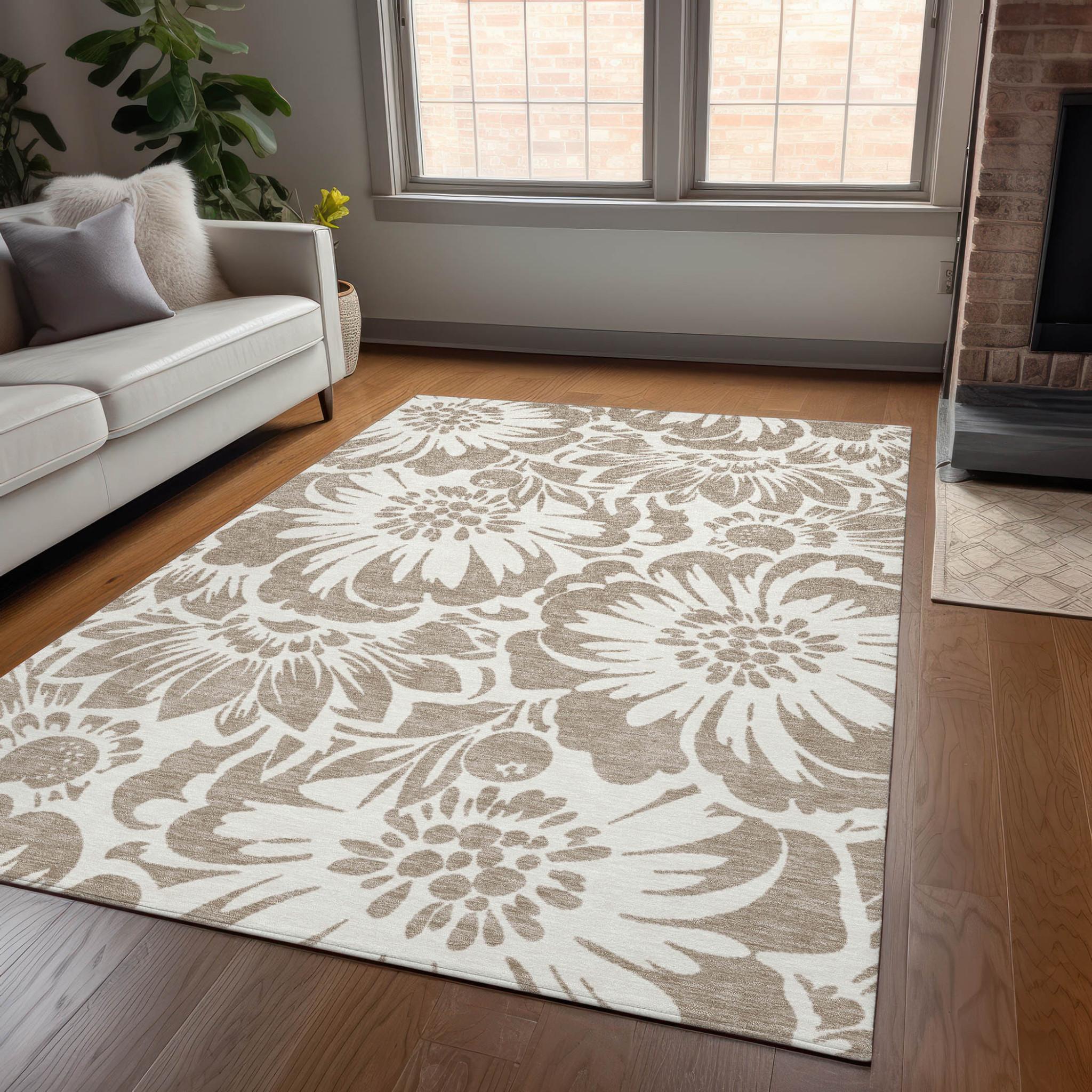 10' X 14' Taupe and Ivory Floral Washable Non Skid Indoor Outdoor Area Rug