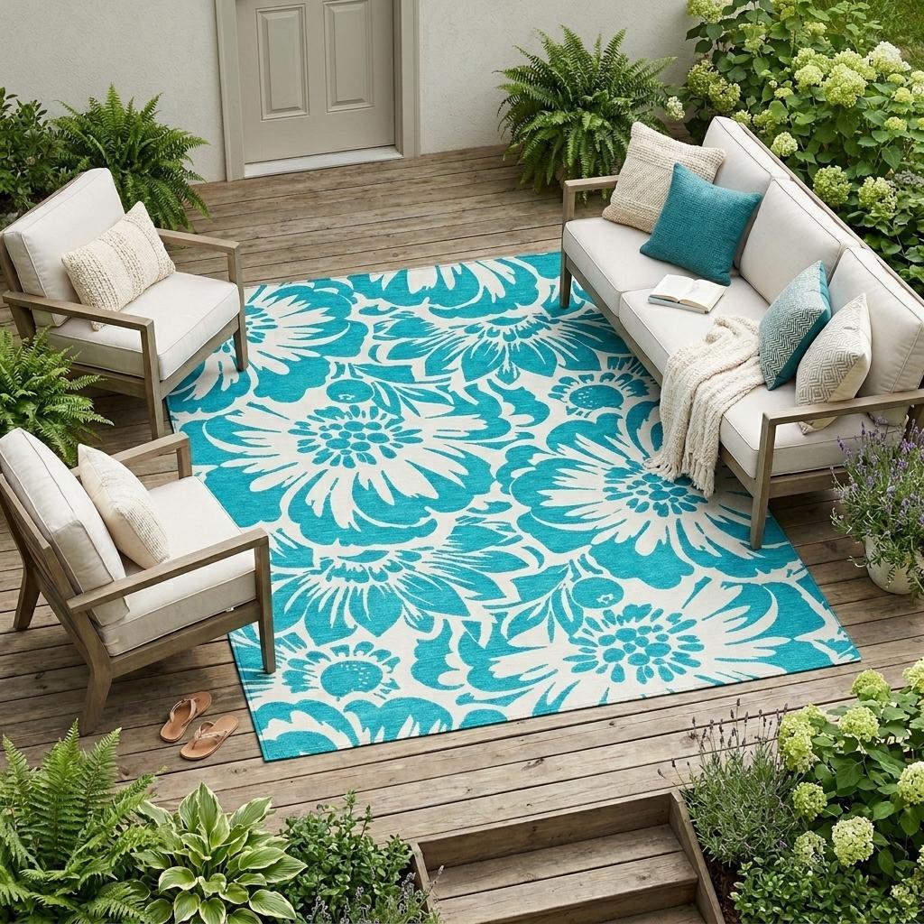 9' X 12' Teal and Ivory Floral Washable Non Skid Indoor Outdoor Area Rug