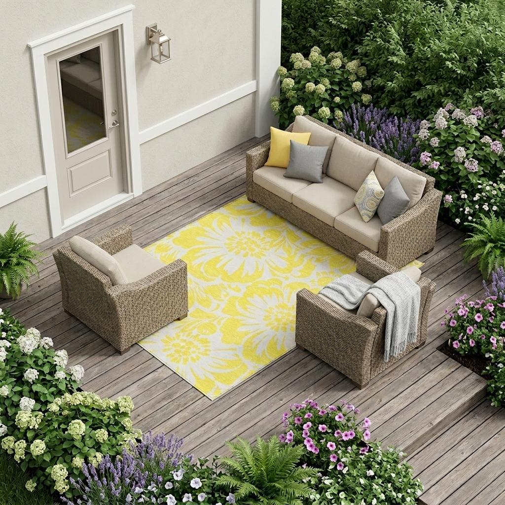 9' X 12' Yellow and Ivory Floral Washable Non Skid Indoor Outdoor Area Rug