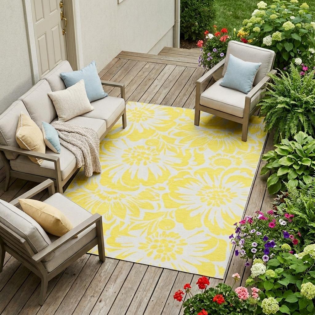 10' X 14' Yellow and Ivory Floral Washable Non Skid Indoor Outdoor Area Rug