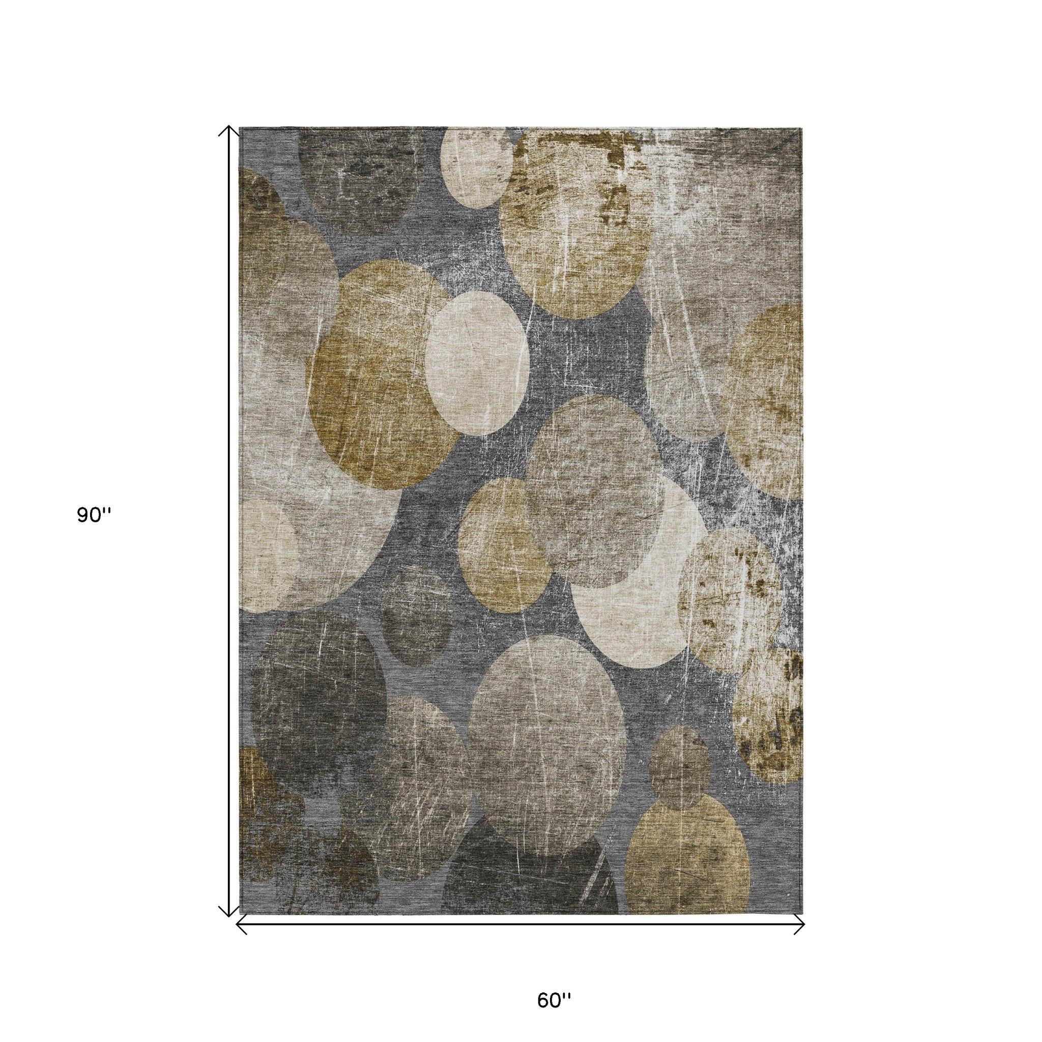 5' X 8' Brown Beige and Ivory Abstract Washable Non Skid Indoor Outdoor Area Rug