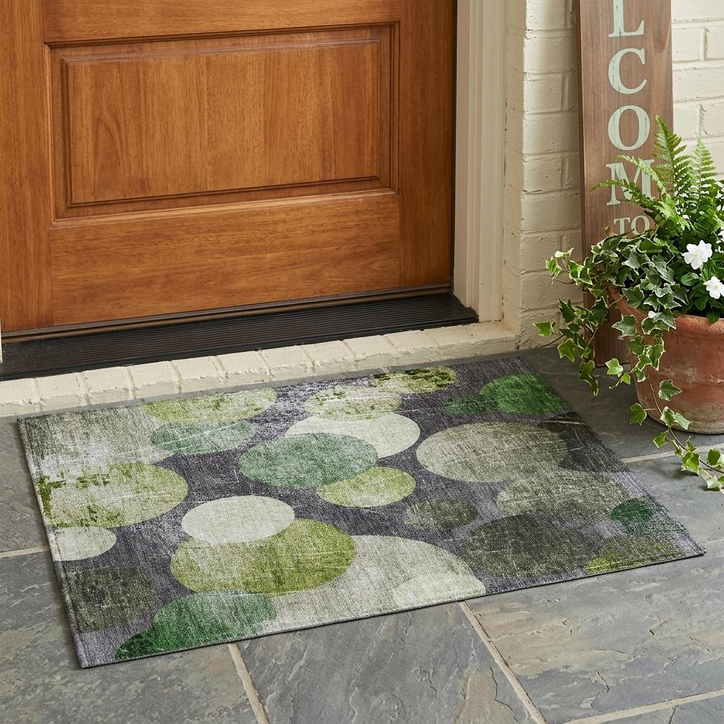 2' X 3' Green and Gray Abstract Washable Non Skid Indoor Outdoor Area Rug