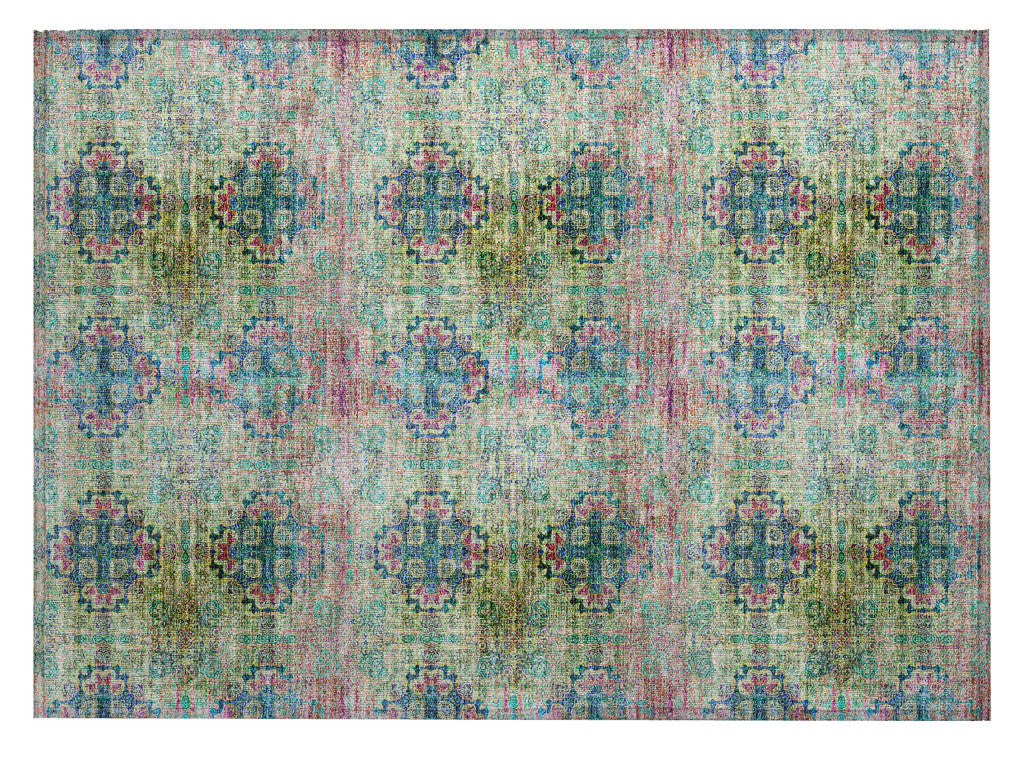 2' X 3' Blue and Green Floral Medallion Washable Non Skid Indoor Outdoor Area Rug