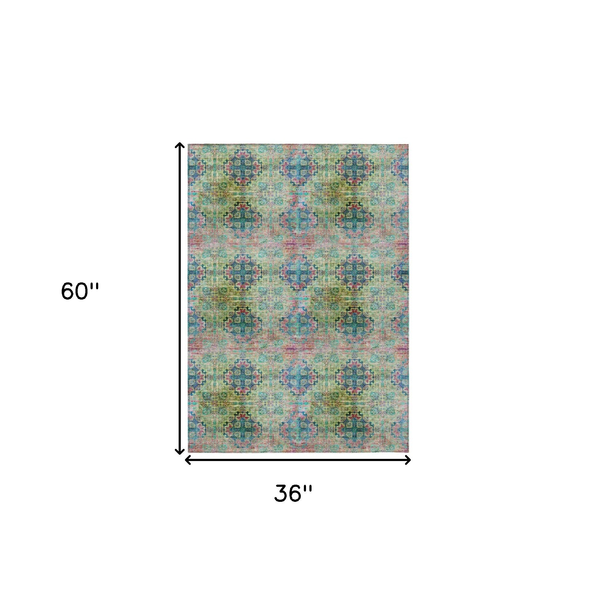 3' X 5' Blue and Green Floral Medallion Washable Non Skid Indoor Outdoor Area Rug