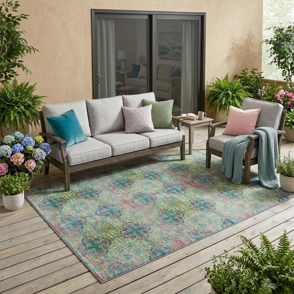 5' X 8' Blue and Green Floral Medallion Washable Non Skid Indoor Outdoor Area Rug