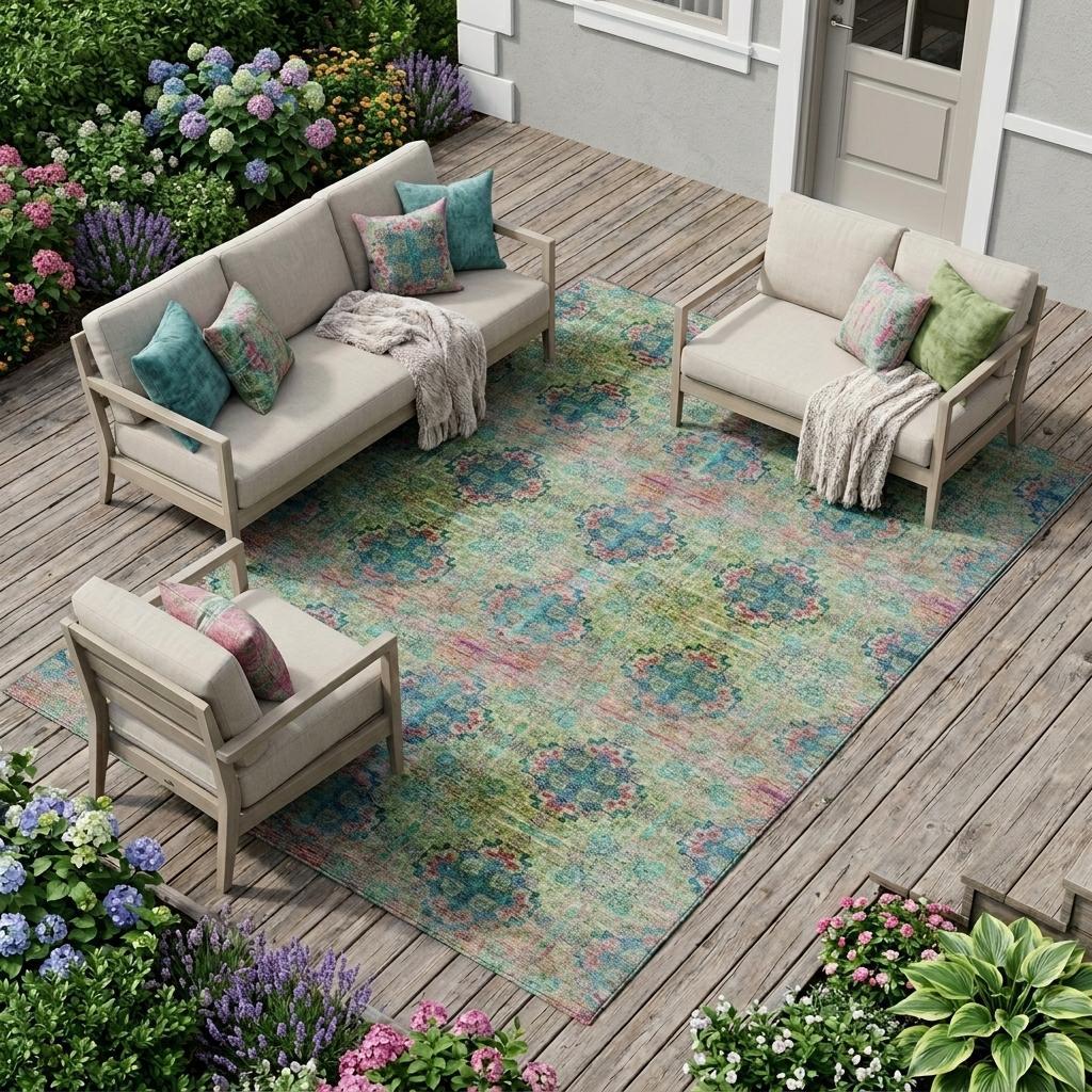 10' X 14' Blue and Green Floral Medallion Washable Non Skid Indoor Outdoor Area Rug