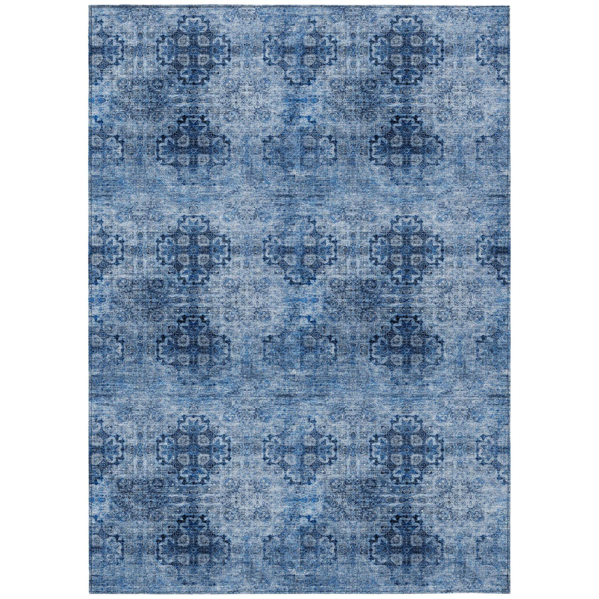 9' X 12' Navy Blue Floral Medallion Washable Non Skid Indoor Outdoor Area Rug