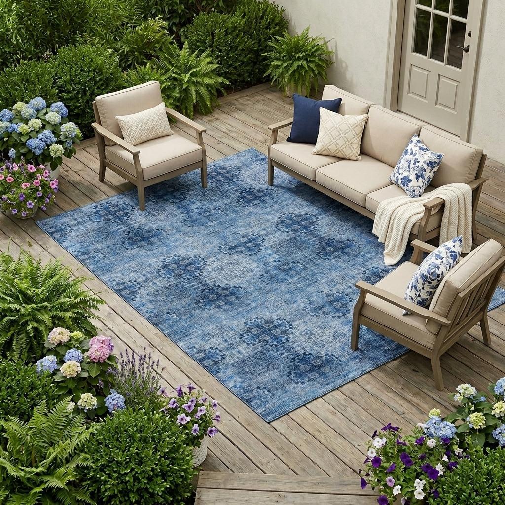 10' X 14' Navy Blue Floral Medallion Washable Non Skid Indoor Outdoor Area Rug