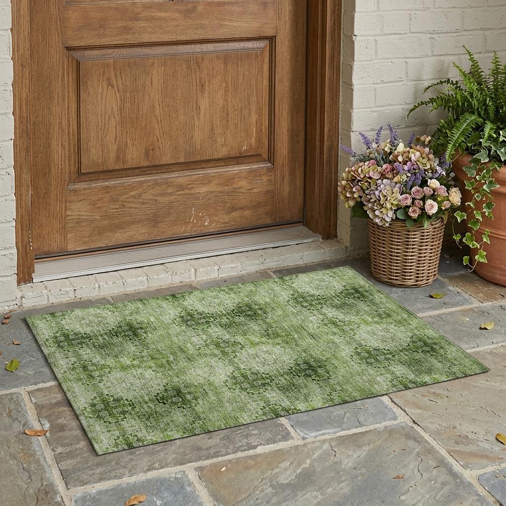 2' X 3' Olive Green Floral Medallion Washable Non Skid Indoor Outdoor Area Rug