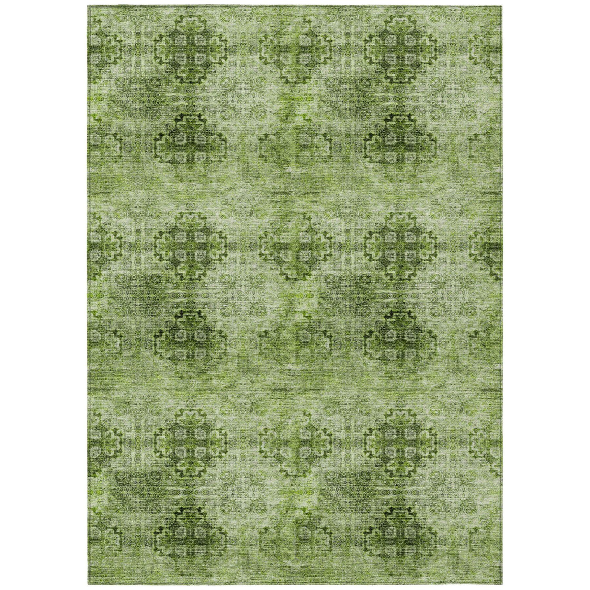 8' X 10' Olive Green Floral Medallion Washable Non Skid Indoor Outdoor Area Rug