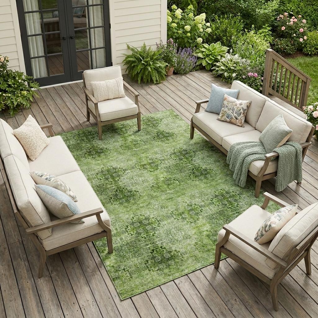 9' X 12' Olive Green Floral Medallion Washable Non Skid Indoor Outdoor Area Rug