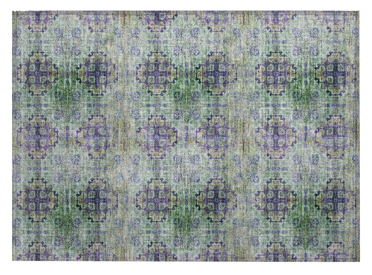 2' X 3' Purple and Green Floral Medallion Washable Non Skid Indoor Outdoor Area Rug