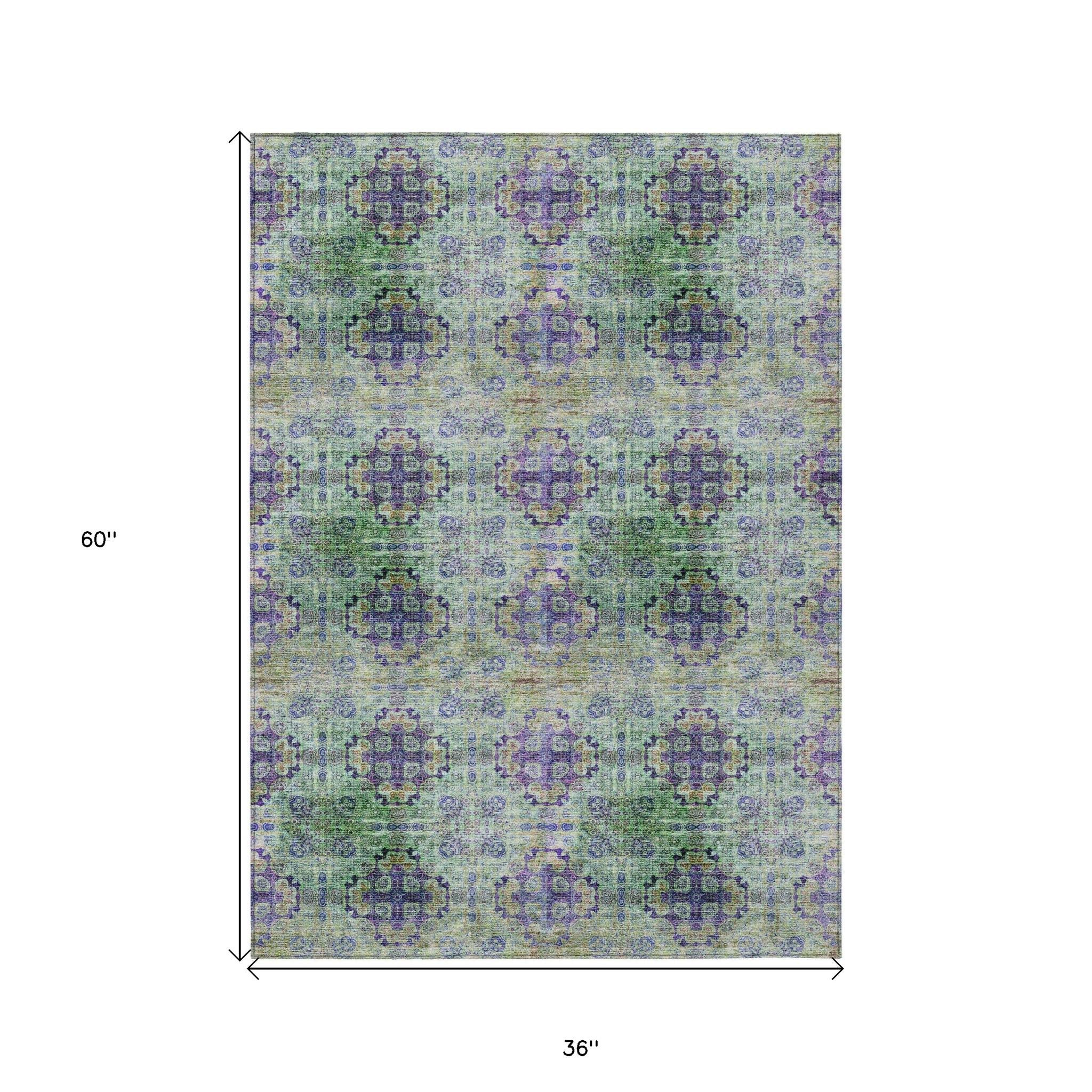 3' X 5' Purple and Green Floral Medallion Washable Non Skid Indoor Outdoor Area Rug