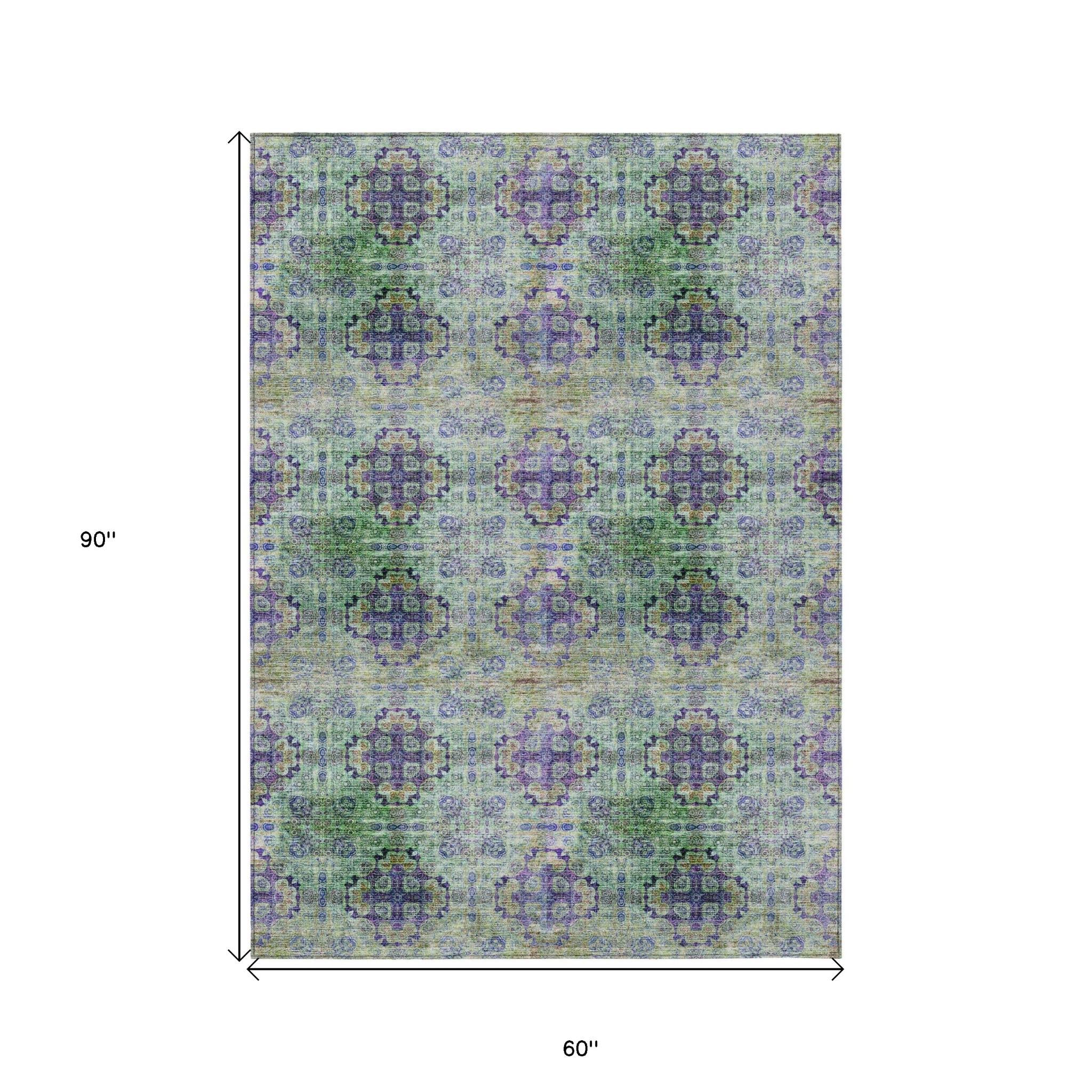 5' X 8' Purple and Green Floral Medallion Washable Non Skid Indoor Outdoor Area Rug