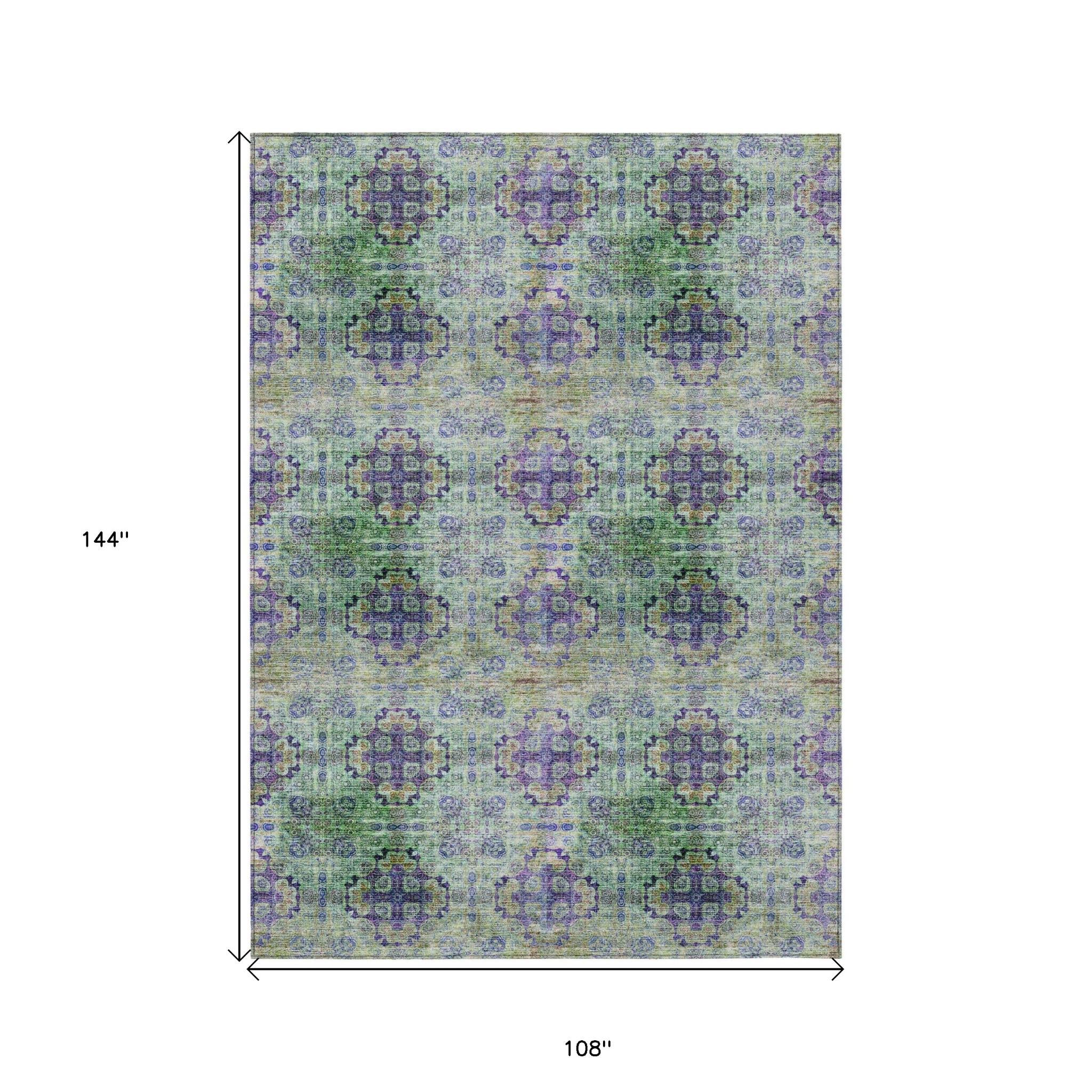 9' X 12' Purple And Green Floral Medallion Washable Indoor Outdoor Area Rug