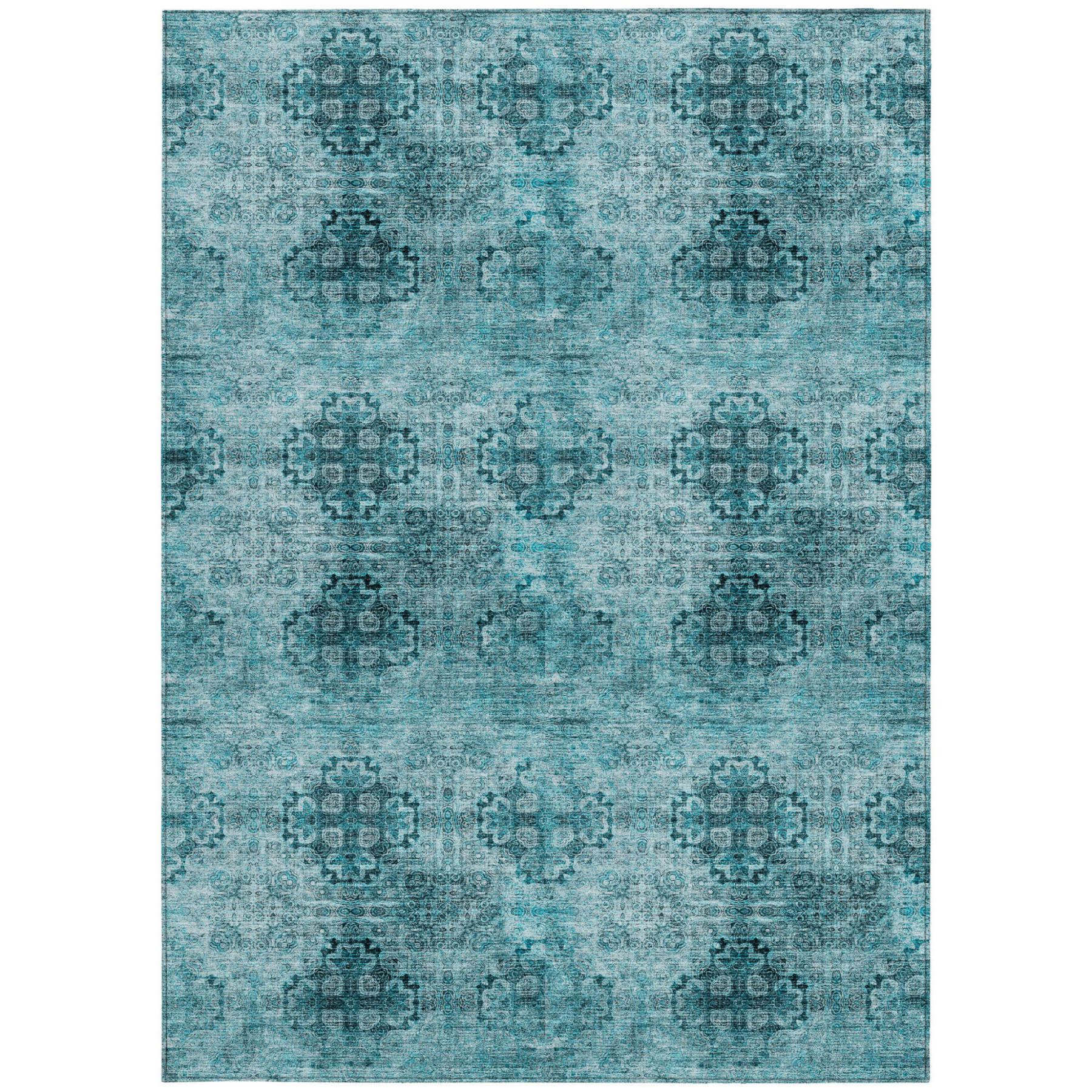 3' X 5' Teal Floral Medallion Washable Non Skid Indoor Outdoor Area Rug