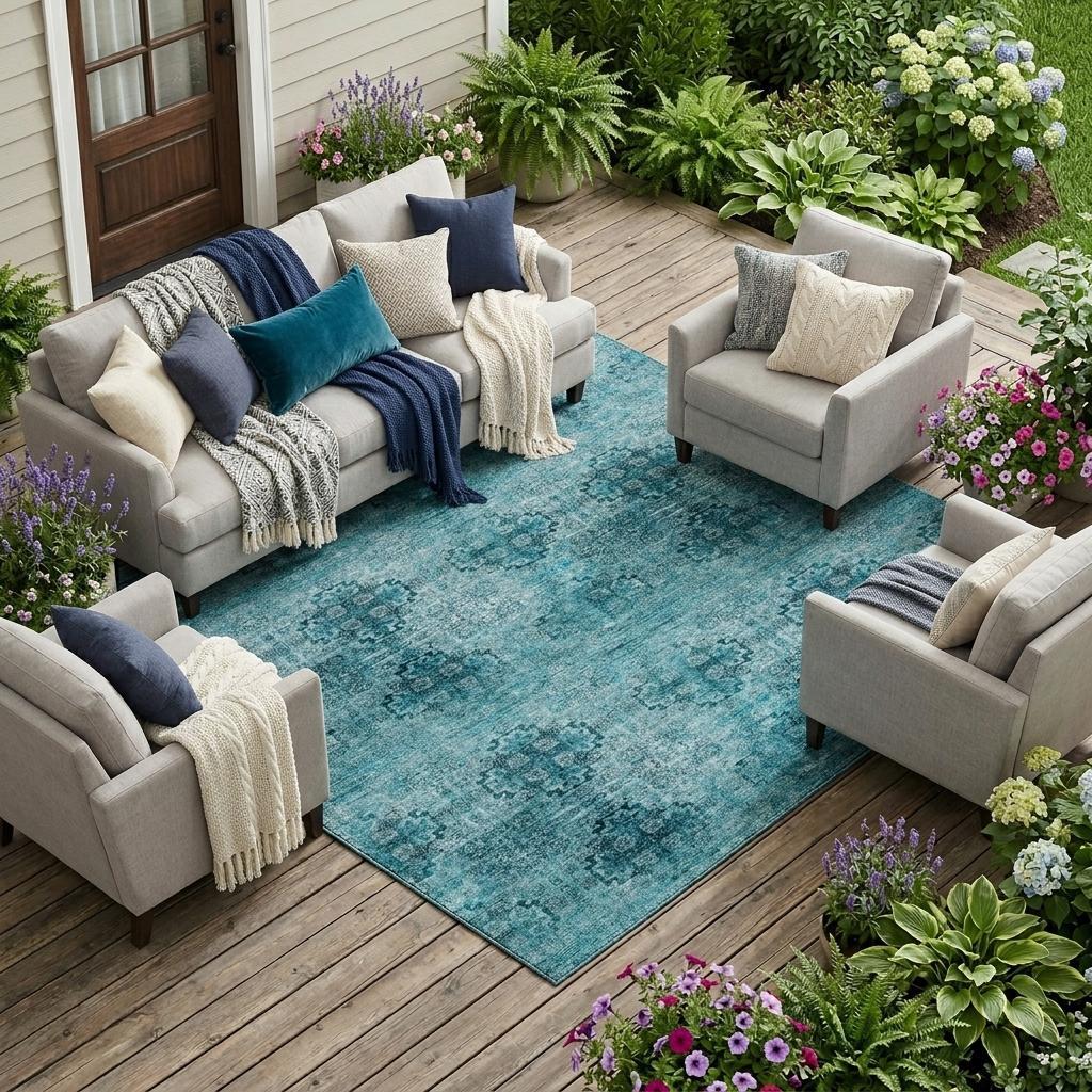 8' X 10' Teal Floral Medallion Washable Non Skid Indoor Outdoor Area Rug