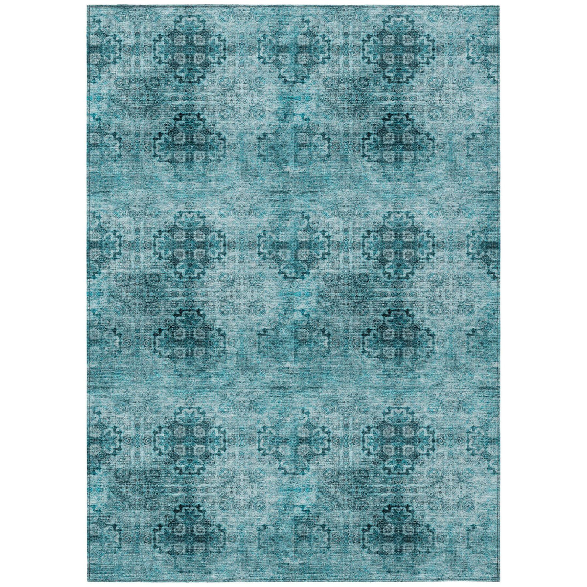 10' X 14' Teal Floral Medallion Washable Non Skid Indoor Outdoor Area Rug