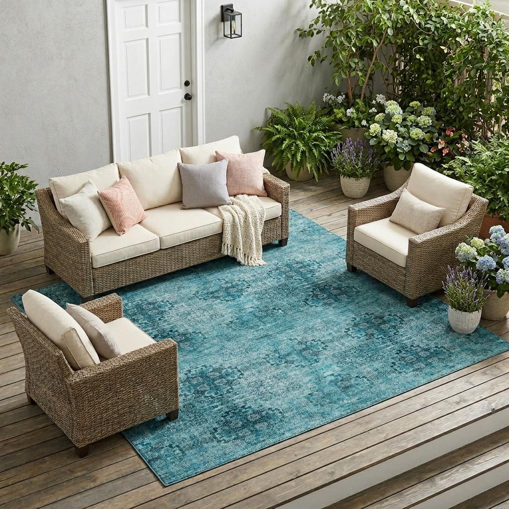 10' X 14' Teal Floral Medallion Washable Non Skid Indoor Outdoor Area Rug