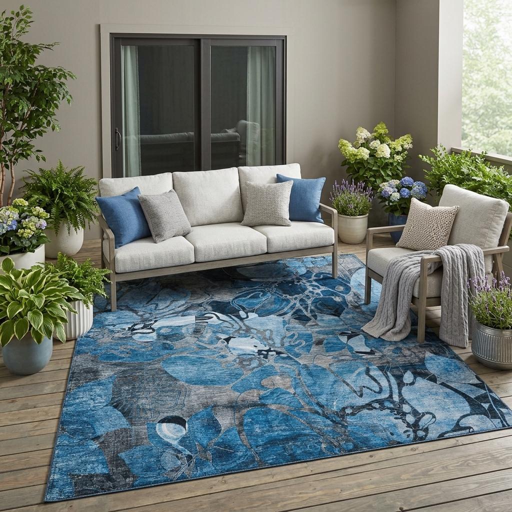 5' X 8' Blue And Gray Abstract Washable Indoor Outdoor Area Rug
