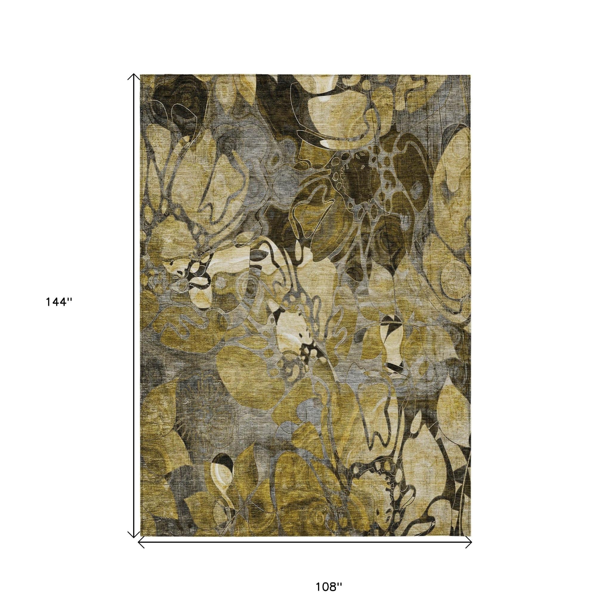 9' X 12' Green And Brown Floral Washable Indoor Outdoor Area Rug