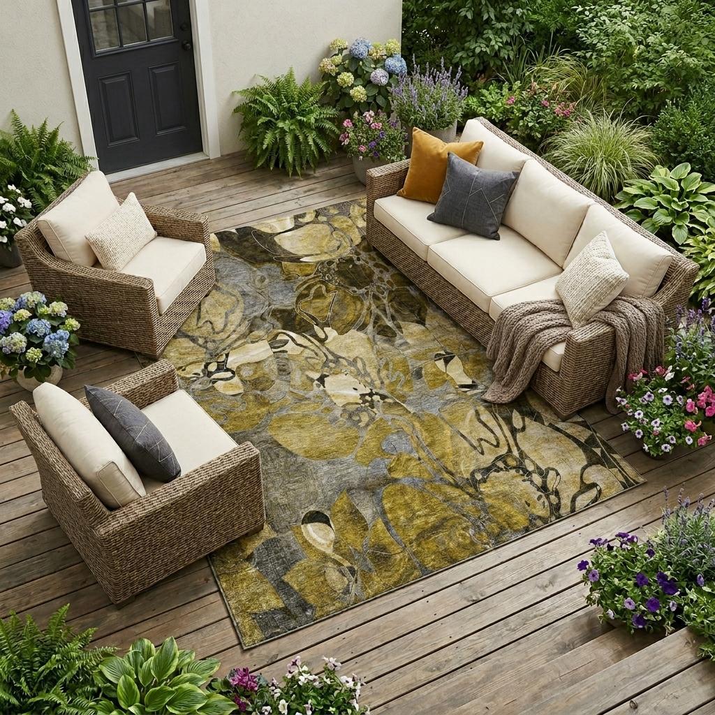 10' X 14' Green and Brown Floral Washable Non Skid Indoor Outdoor Area Rug