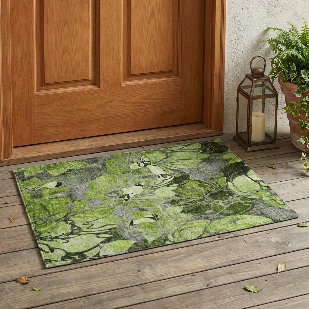 3' X 5' Fern Green and Gray Abstract Washable Indoor Outdoor Area Rug