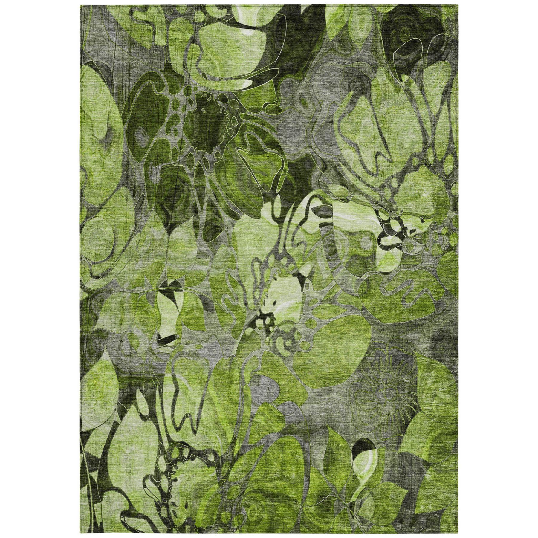 3' X 5' Fern Green and Gray Abstract Washable Indoor Outdoor Area Rug