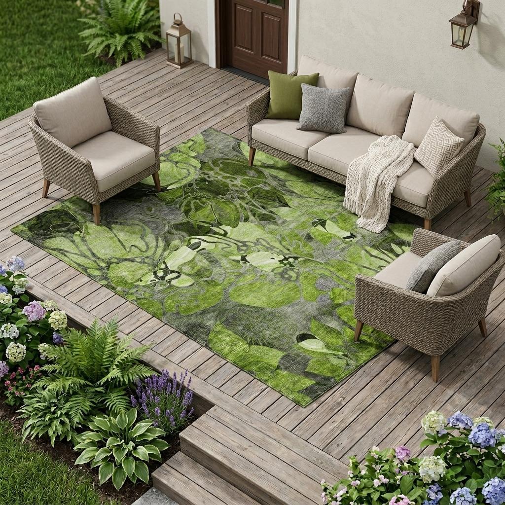 9' X 12' Fern Green And Gray Abstract Washable Indoor Outdoor Area Rug