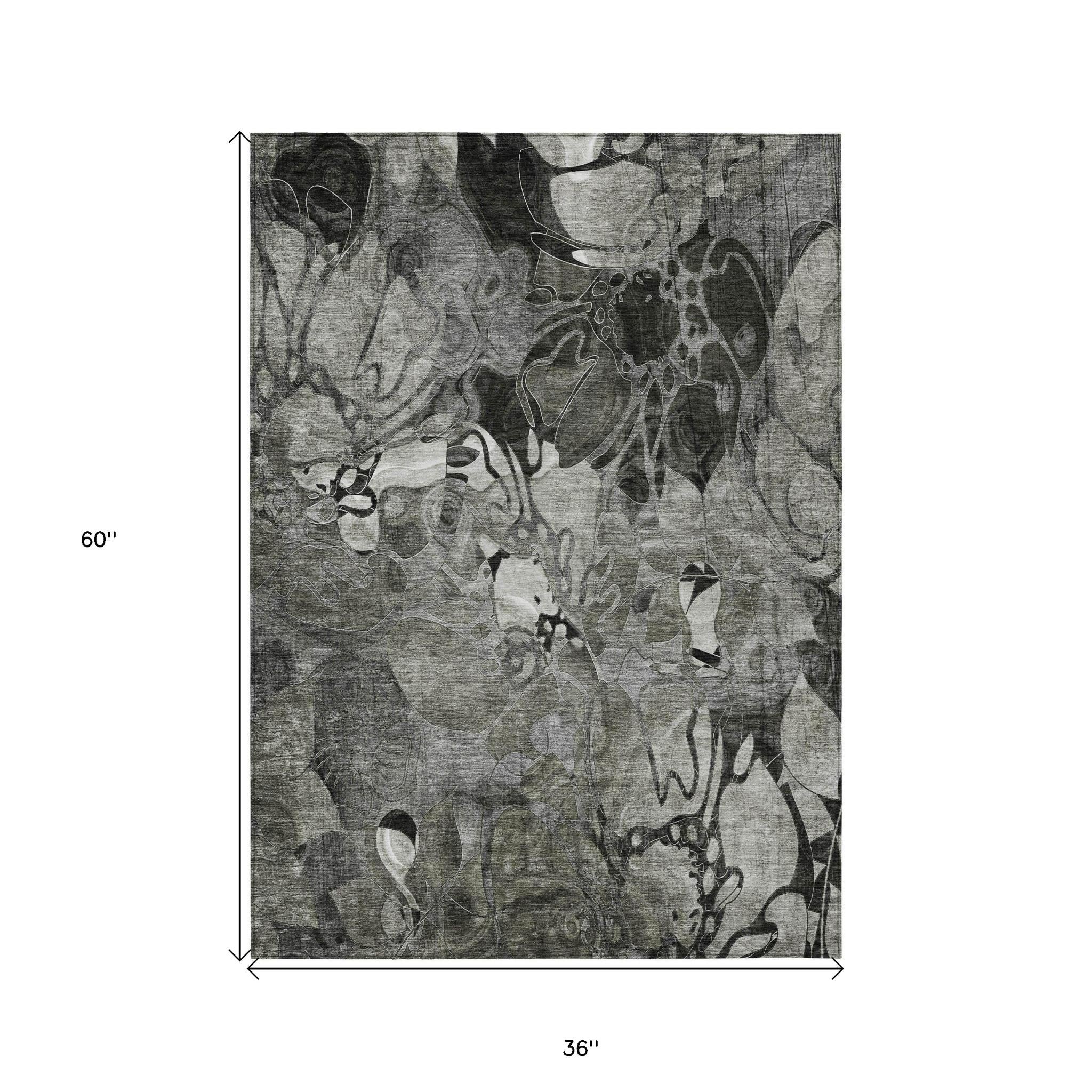 3' X 5' Gray Abstract Washable Indoor Outdoor Area Rug