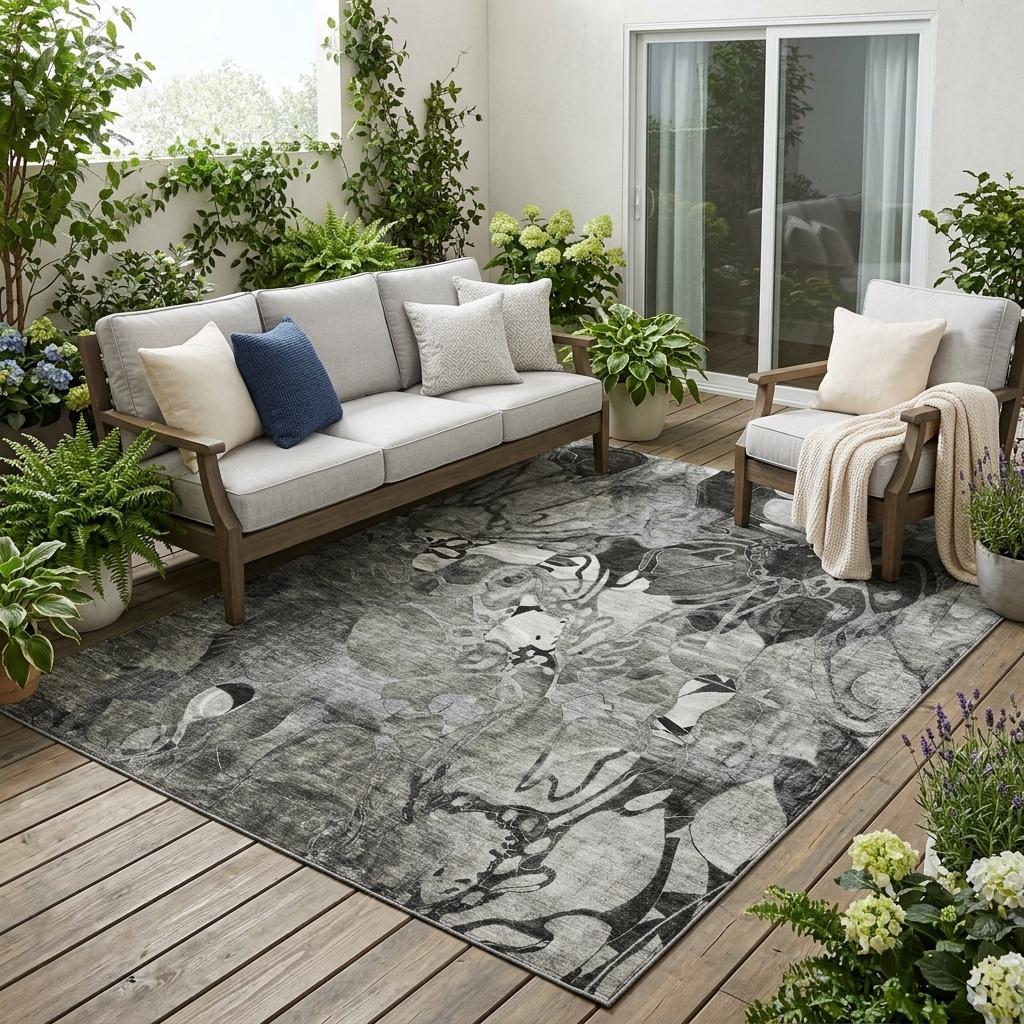 5' X 8' Gray Abstract Washable Indoor Outdoor Area Rug